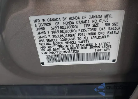 2005 Honda Pilot Ex-L из США, поврежденный, VIN 2HKYF18535H542128